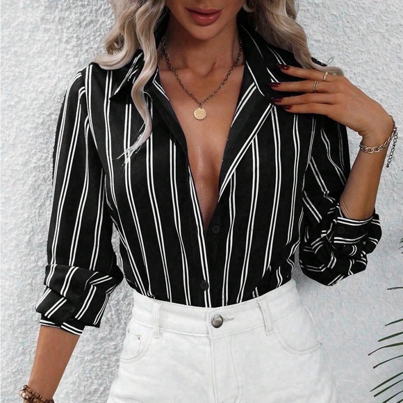 Preppy minimalist Striped Print long sleeve Button up Shirt black - Picture 1 of 10